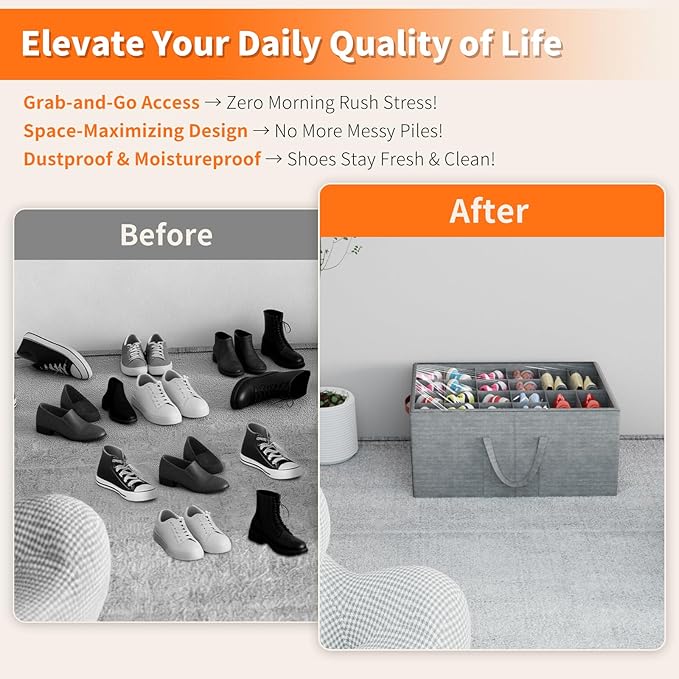 Aokeyee 2 Pack Shoe Organizer for Closet, Large Shoe Storage Box Fits up to 48 Pairs, Space Saving Foldable Shoes Organizer Bin w/Clear Cover and 4 Reinforced Handles, Grey