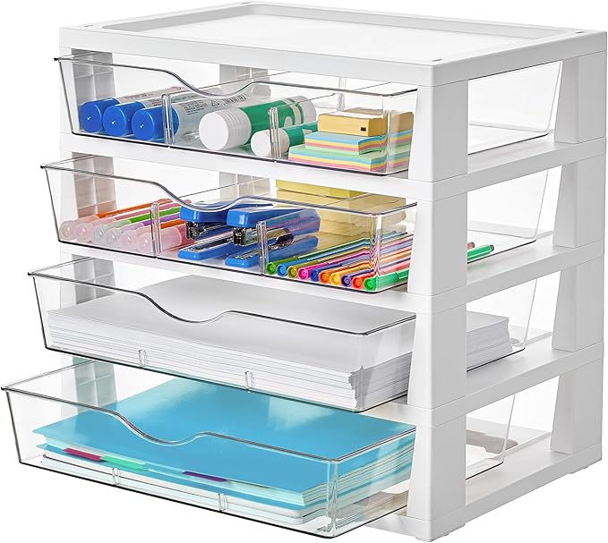 Clear Desk Organizer, 4-Tier Assemble Desktop File Organizer with Drawers