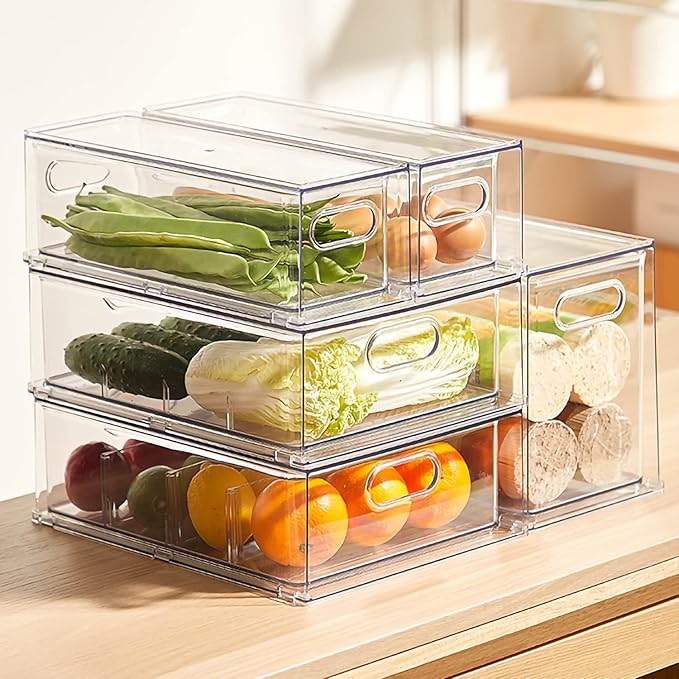 4 pack Stackable Fridge Drawers Pull-Out Bins Divided Produce Saver Containers