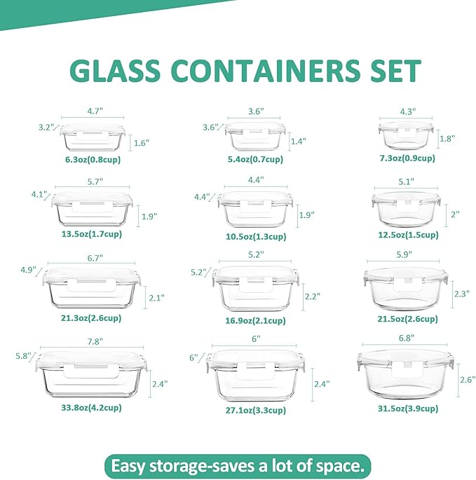 KOMUEE 24 Pieces Glass Food Storage Containers Set, Meal Prep Containers, BPA-Free Airtight Glass Storage Containers with lids,Freezer, Microwave and Oven Safe,White