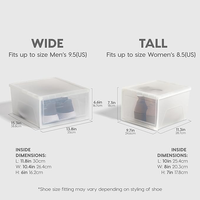 IRIS USA Stackable Shoe Storage Box with Latch Drop Front Door, 6-Pack, for Scarf Game Organizer Container with Ventilation Holes for Closet Under Bed Entryway Storage, Strudy, Tall, Clear