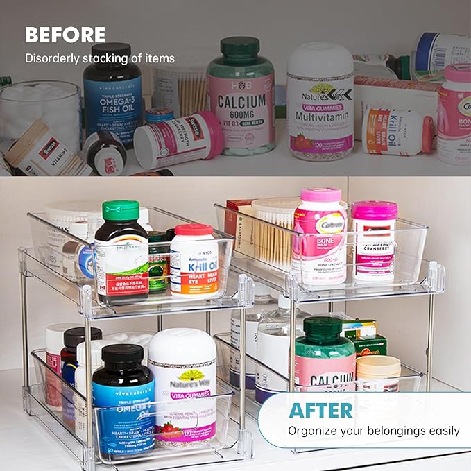 2 Pack Clear Bathroom Organizers and Storage, 2 Tier Pull Out Under Sink Cabinet Organizer Plastic Drawer Organization and Storage for Bathroom and Kitchen