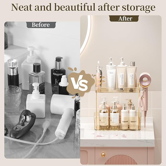 Shuang Qing 2 Tier Gold Bathroom Counter Organizer with Hair Dryer Holder, Skincare & Makeup Organizer, Cosmetics Shelf for Vanity Tray
