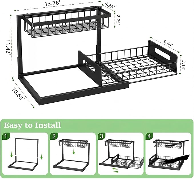 Under-Sink Storage Organizer (2-Pack) — Double-Tier Pull-Out Cabinet Organizer with Sliding Drawers ，Heavy-Duty & Versatile Storage Rack for Kitchen, Bathroom, and Pantry，Black