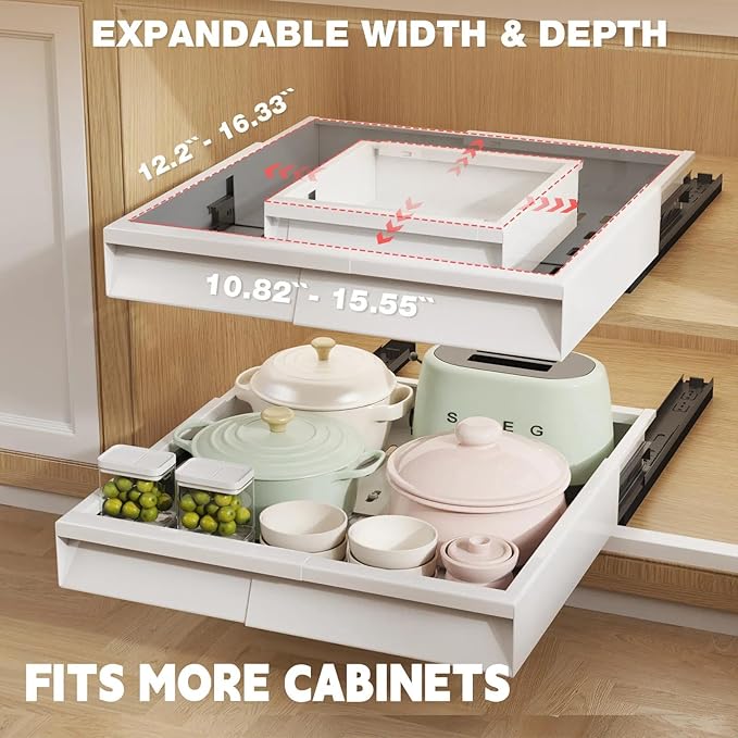 Seinloes Pull Out Cabinet Organizer, 4-Side Expandable to Fit Most Cabinets, 3 Rail Slide Out Drawers with Raising Pad for Framed & Frameless Cabinets, 11"-16" W x 13"-17" D, White, 2 Pack