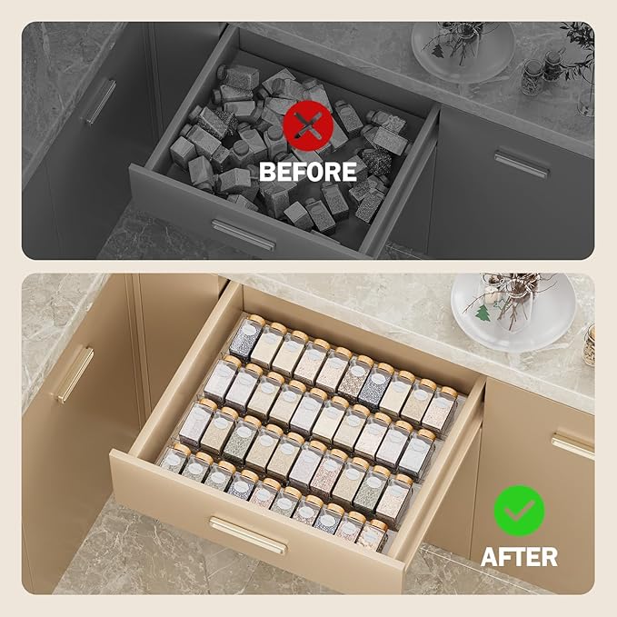 PanPanPal Spice Drawer Organizer, 4 Pack Clear Seasoning Organizer Rack, Expandable From 11" to 22" Wide Kitchen Spice Rack Organizers for Drawer, Countertop (Jars Not Included)