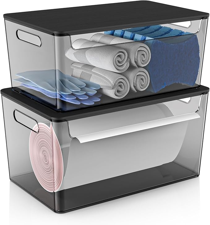 COAZEX 2 Pack Trash Bag Holder Under Sink Stackable, Plastic Garbage Bag Dispenser with Lid, Trash Bag Storage Dispenser Roll Holder for Kitchen, Pantry, Laundry Room Organization (Black)