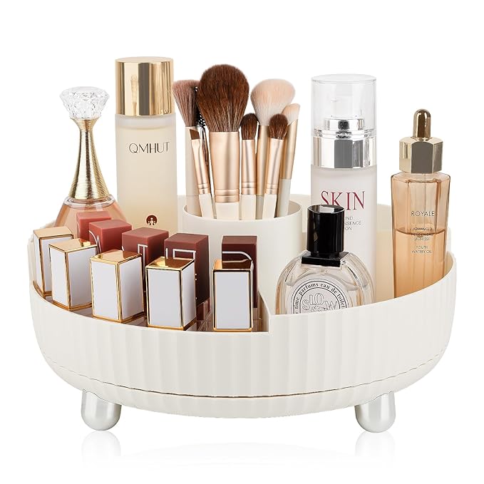 Anyoifax Makeup Perfume Organizer Tray with Divider 360 Degree Rotating Lazy Susan Skincare Lotion Organizer Spinning Cosmetics Storage for Dresser, Vanity, Bathroom Countertop, Large Beige
