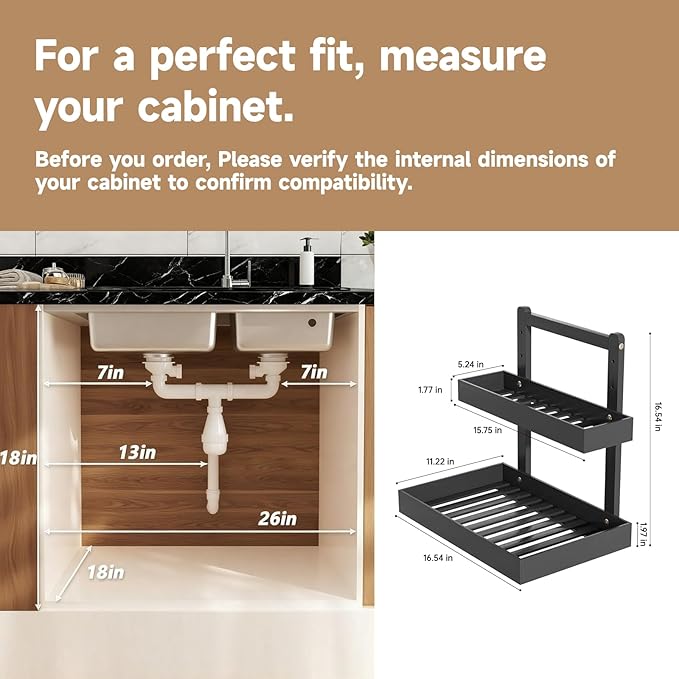 Bamboo Undersink Organizer Storage - 2-Tier Cabinet Shelf with Adjustable Levels, Under Sink Storage Slide Out for Cabinet Pantry Kitchen Bathroom (Black)