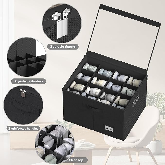 Shoe Organizer for Closet, Large Shoe Box Storage Containers with Clear Window, Space Saving Shoe Bin with Foldable Bottom Support Adjustable Dividers - Fits 16 Pairs (Black, (19.7*15.7*13)x1)