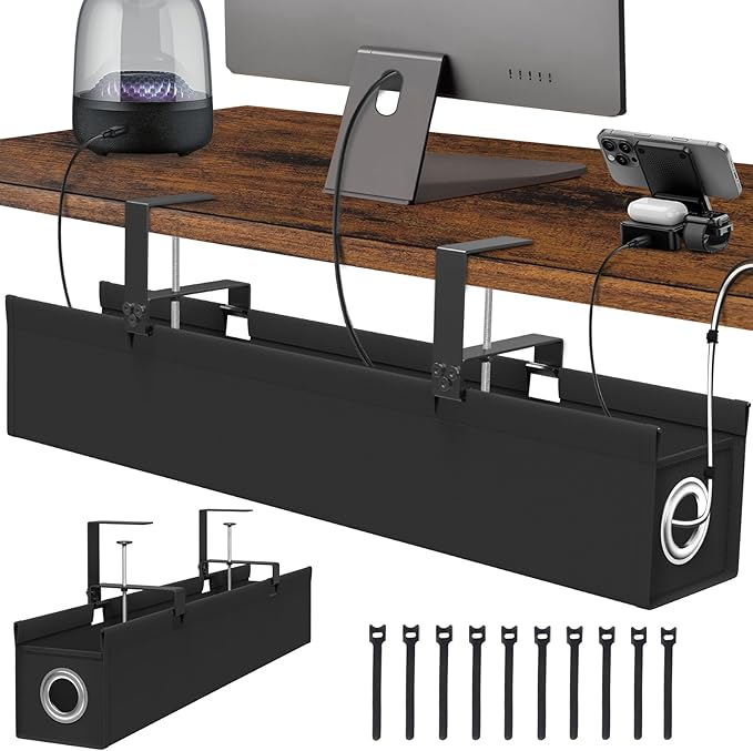 [Upgraded] Large Under Desk Cable Management Tray No Drill, Suolaao 30" Cord Organizer with Oxford Fabric, Clamp Mount, Holds 30 lbs, Large Cable Rack for Gaming & Home Office Standing Desk