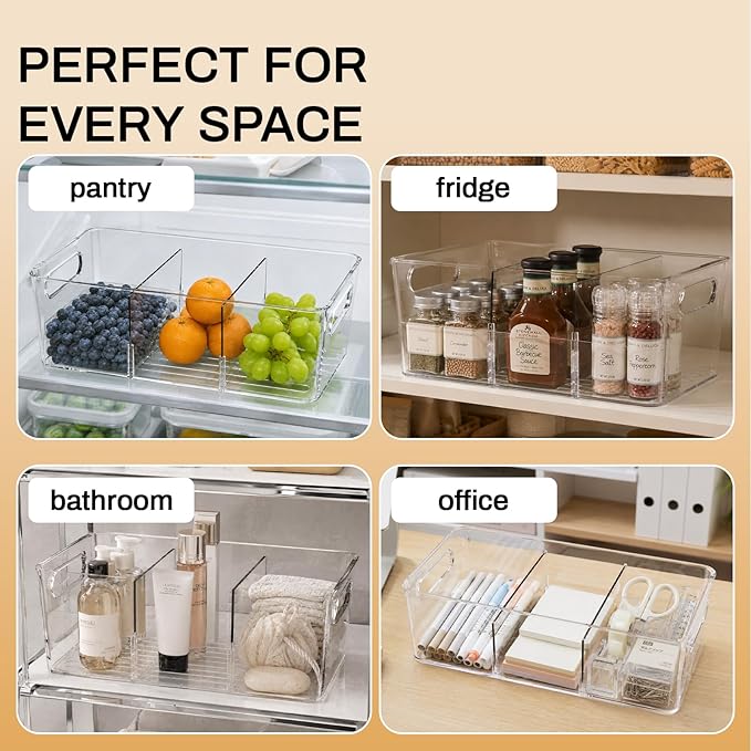 Mpotmiy 4 Pack Clear Pantry Organizers and Storage Bins with Divider, Transparent Plastic Basket, Refrigerator and Fridge Bins