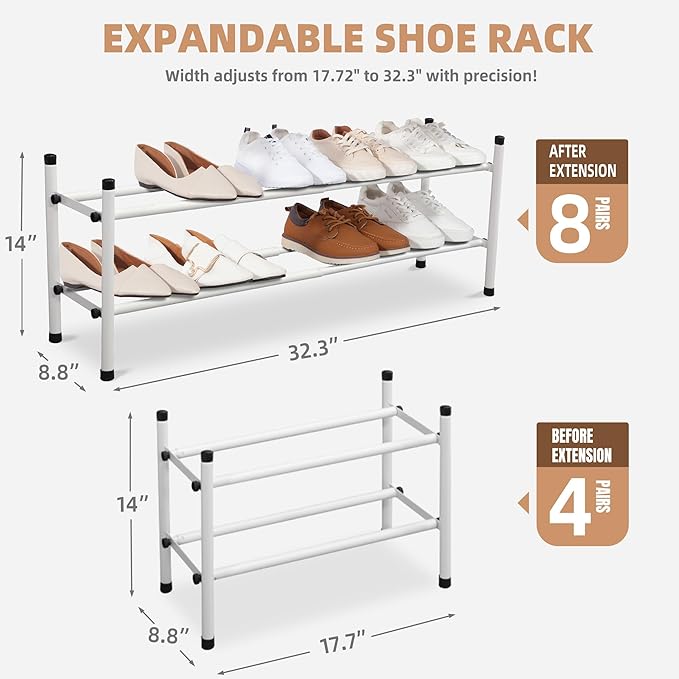 STORAGE MANIAC Expandable Shoe Rack, White 2 Tier
