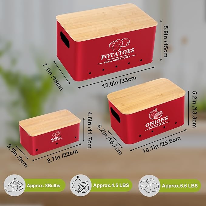 Kitchen Vegetable Storage Set of 3, Metal Onion Garlic Potato Storage Set, Red