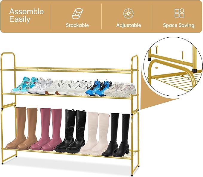 2-Tier Long Shoe Rack for Closet Metal Shoe Organizer for Entryway, Gold