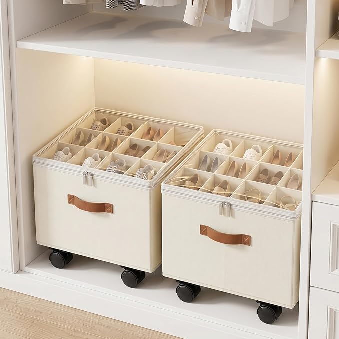 Large Shoe Organizer for Closet, Adjustable Dividers Shoe Storage Box Bins with Wheels Clear Cover Reinforced Handle Fits up to 16 Pairs, Foldable Shoe Organizer for Entryway Beige