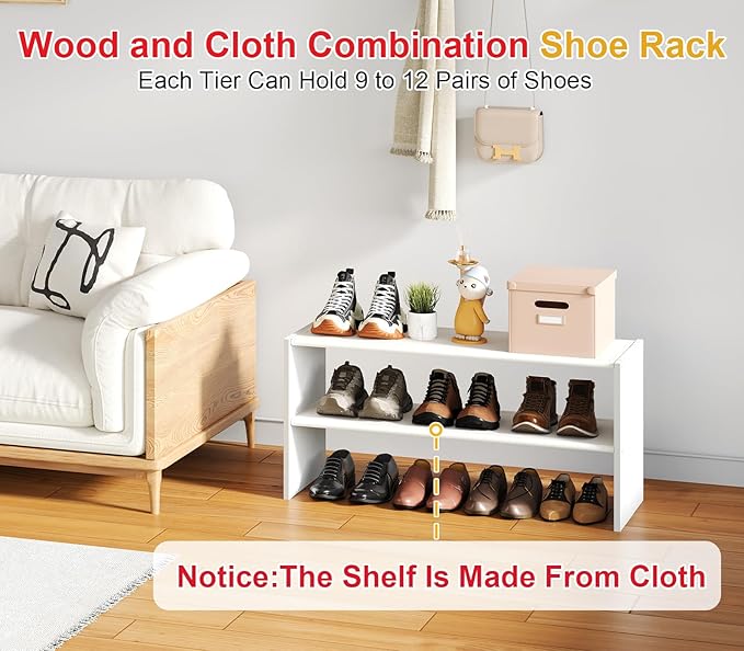 Cidaziya 2 Tier Small White Shoe Rack for Closet, Stackable Shoe Shelf Organizer for 9-12 Pairs of Shoes, Portable Wood and Cloth Structure, Small Shoe Storage Organizer, Size 28.5"* 11" * 13"