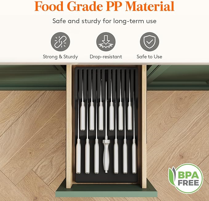 Lifewit Magnetic Drawer Knife Organizers Insert, Kitchen Plastic In Drawer Knife Block Slots, Steak Chefs Knives Holder Storage Sets for 12 Knives and 1 Sharpening Steel, Large, Black