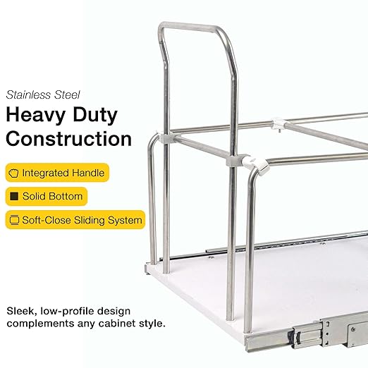Adjustable Pull Out Trash Can for Kitchen Cabinet, Bottom-Mount Heavy-Duty Full-Extension Soft-Close Slides, 100 Lb Rated with Solid Bottom, Fits 18-Inch Base Cabinet