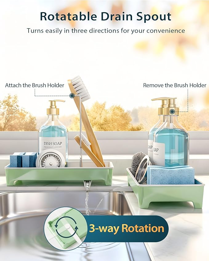Minimalist Sink Caddy, Rustproof Sponge Holder for Kitchen Sink with 304 Stainless-Steel Brush Holder, Countertop Rack Organizer with Raised Ridges & Silicone Drain Tube (Mint Green, Large)