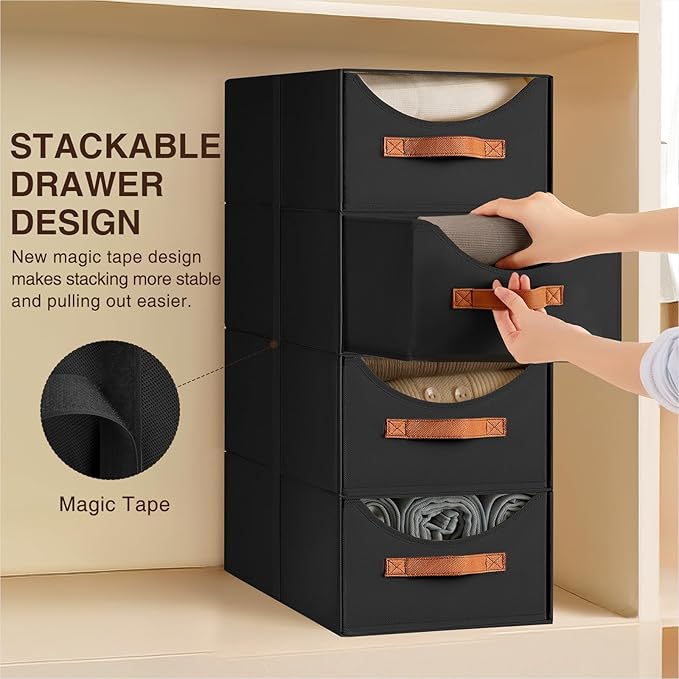 Homsorout Stackable Storage Drawers - Large Collapsible Storage Bins with Drawers, 6 Pack Closet Shelf Organizer Basket, Fabric Pull Out Organizer for Bedroom, Living Room, Dorm, Black