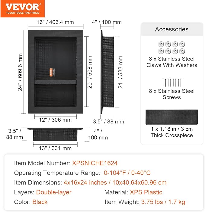 Shower Niche Ready for Tile 16" x 24", Double Shelf Organizer