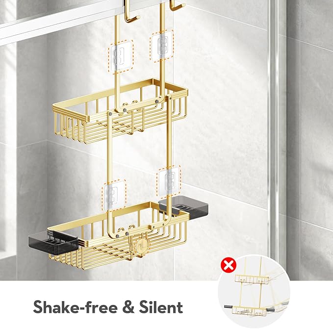 Over the Door Shower Caddy Hanging With Double Soap Holder Never Rust Aluminum Shower Shelf With 4 Hooks Hanging Bathroom Organizer No Drilling Shelves for Bathroom Storage Gold