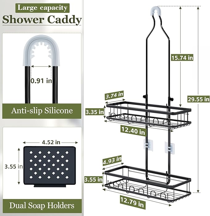 Skyapex Shower Caddy Hanging Over Shower Head, Adjustable Black Bathroom Organizer for Inside Shower, Rust-Resistant Stainless Steel Caddy with 2 Baskets, Hooks & Soap Dish for Tall Bottles
