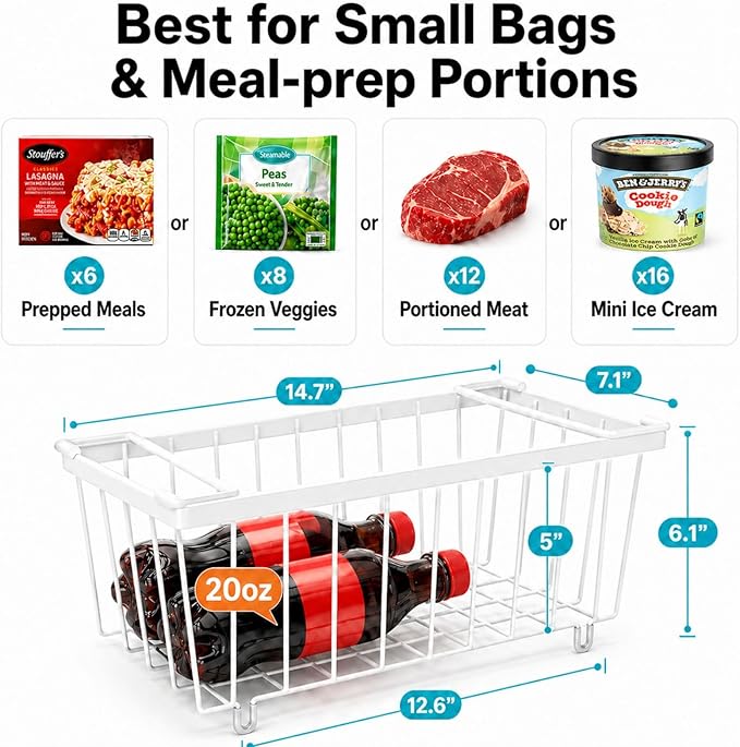 iSPECLE Chest Freezer Organizer Bins - Fits 7 Cu.Ft Deep Freezer, 6 Pack Stackable Wire Baskets(14.7" Length), Heavy Duty Coated Freezer Organizer, Rust Resistant for Frozen Food Sorting, White