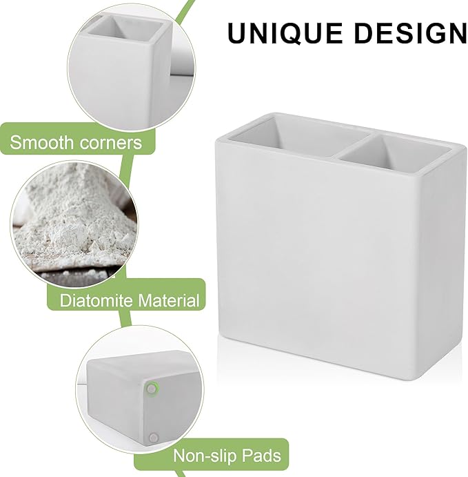 Diatomite Toothbrush Holder 2 Slots Tooth Brush Holder for Bathroom, Kids Electric Toothbrush and Toothpaste Organizer for Countertop, Shower, Vanity, Light Grey