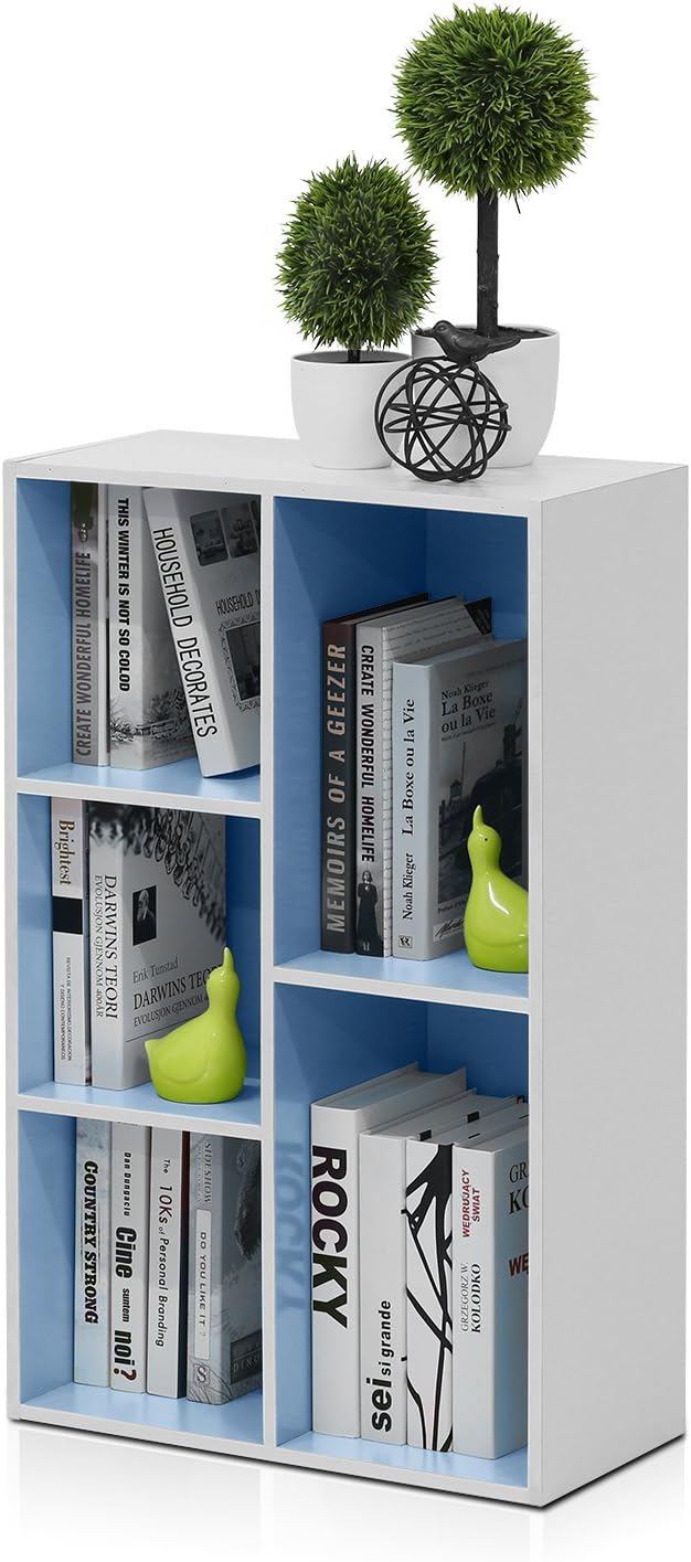 Furinno LUDER Book Shelf, 5-Cube Bookshelf, White/Light Blue