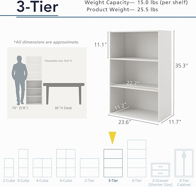 Homes: Inside + Out Apexa 3-Tier Cube Storage Organizer Shelves, Stackable Wood Bookcase Fits Cubby Bins for Organization, Dorm Teen Room Decor & Home Office, White