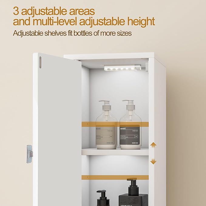 Tall Storage Cabinet, 7.9 Inch Narrow Bathroom Cabinet with USB Magnetic Light