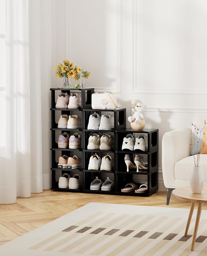 HAIXIN Adjustable 10 Tier Shoe Organizer - Narrow Plastic Vertical Shoe Rack for Closet, Entryway, Boots - Stackable Shoe Cabinet