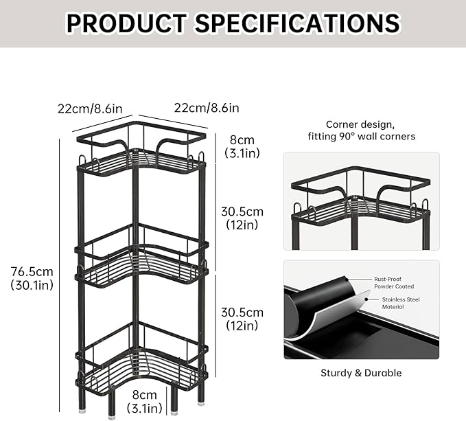 Standing Shower Corner Caddy, 3-Tier Stainless Steel Material Shower Organizer with 12 Hooks - Space Saving Corner Shelf with Adjustable Feet for Bathroom, Compact Spaces (Black, 3 Tiers)