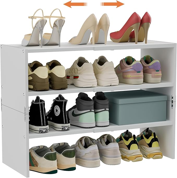 White Shoe Rack Organizer for Closet, 3-Tier Expandable Shoe Shelf, Stackable Iron Wood Combination Shoe Racks Shelves for Closets, Entryway,Small Space,Hallway,Garage,Holds 8-16 Pairs of Shoes