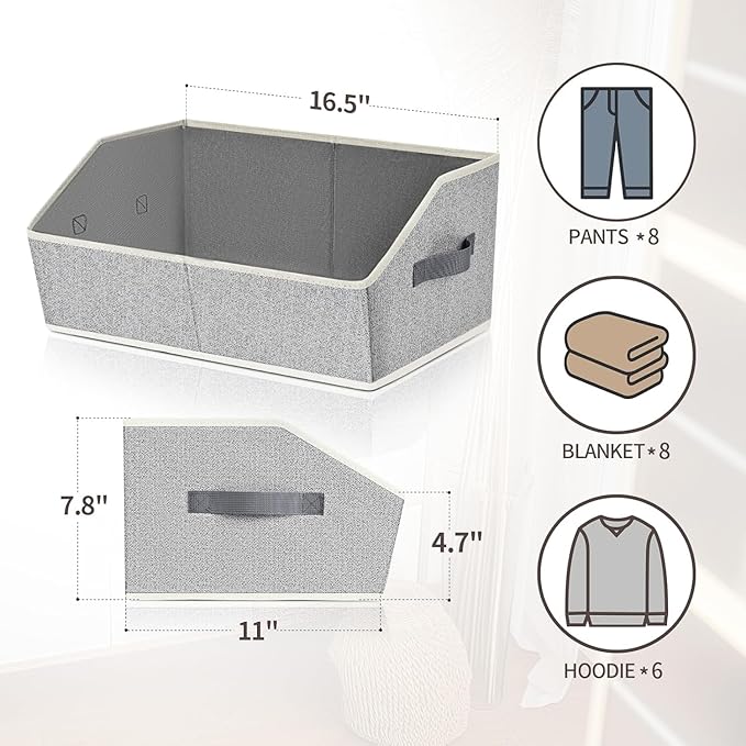 Homsorout Trapezoid Bins for Organization - 8 Pack Storage Cubes, Decorative Fabric Organizer Bins, Large Baskets for Storage, Linen Storage Organizer for Clothes, Books, Home, Light Gray