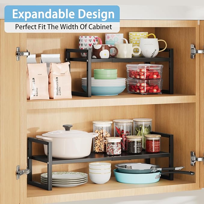 2 Pack Expandable Kitchen Cabinet Shelves Organizer,Heavy Duty Metal Shelving Units and Storage,Stackable Adjustable Kitchen Storage Organization Shelves Rack for Counter Cupboard Pantry,Length:20.5"