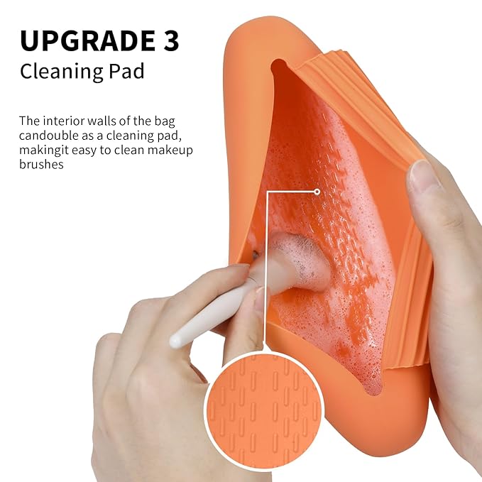 AGIKET Silicone Makeup Brush Holder Travel Cosmetic Bag：Soft Portable Cosmetic Face Brushes Holder with Upgrade Anti-Fall Out Magnetic Closure, Large Travel Makeup Brush Case - Orange