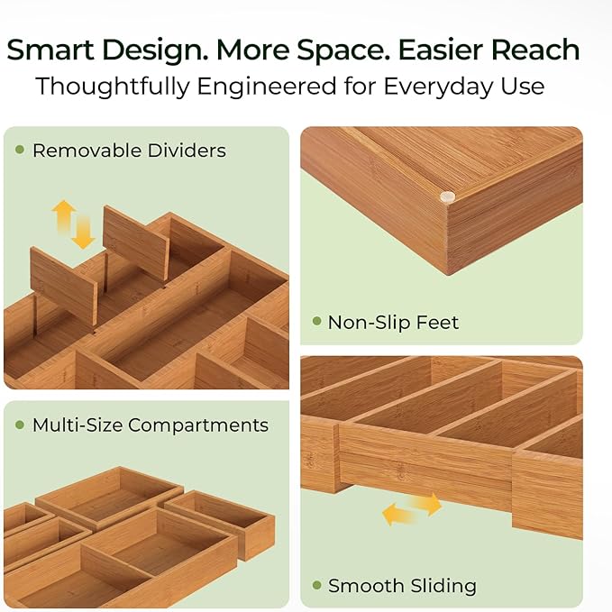6-Piece Bamboo Drawer Organizer Set, 2.2" Deep Multi-Use Organizers for Utensils