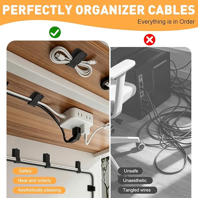 200pcs Hook and Loop Cable Straps,Under Desk Cable Management,Adjustable Cord Organizer for Desk Home Office Organization (Black)
