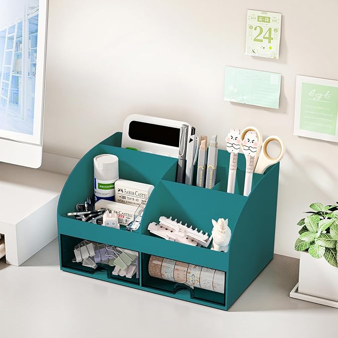 Desk Organizer with 6 Compartments and 2 Drawers, Dark Green