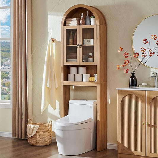 Arched Over The Toilet Storage Cabinet with Acrylic Doors, Natural Oak
