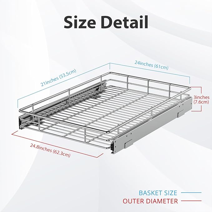 ZOINLIY Pull Out Cabinet Organizer, Versatile Slide Out Kitchen Organizers and Storage,Heavy Duty Drawer Cupboard Storage Basket, Smooth Sliding, Chrome Finish (24.8 * 21inch)