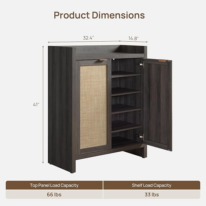 SICOTAS 41" Tall Shoe Cabinet, 24 Pair Shoe Storage Cabinet with Doors and 6-Tier Shelves, Rattan Shoe Cabinet Storage for Entryway, Farmhouse Boho Wooden Cabinet for Hallway, Black Oak