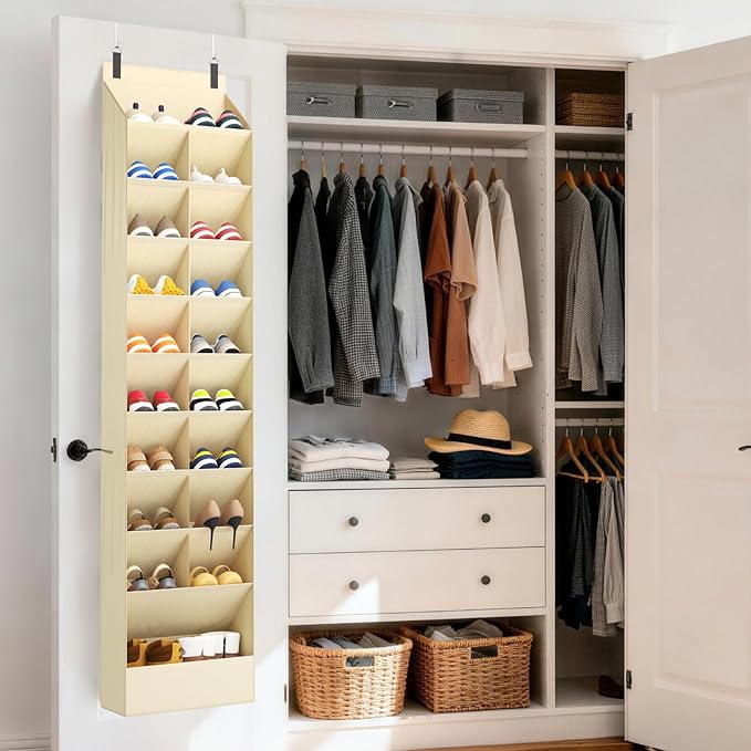 10 Tier Over the Door Shoe Organizer with 19 Large Deep Pockets, Beige