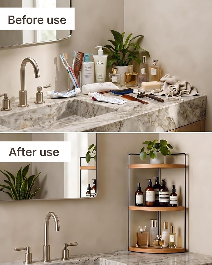 3-Tier Corner Bathroom Countertop Organizer, Solid Pine Wood Vanity Corner Shelf for Skincare & Makeup, Waterproof Standing Rack for Bathroom, Kitchen & Dresser, Large 15.7" H, Natural Wood