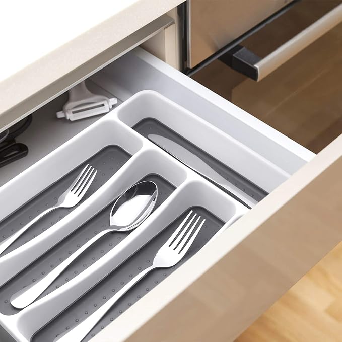 24-Piece Silverware Set, Flatware Set Mirror Polished, Dishwasher Safe Service for 4, Include Fork/Spoon with 5-Compartment Non Slip Silverware Drawer Organizer Box Tray