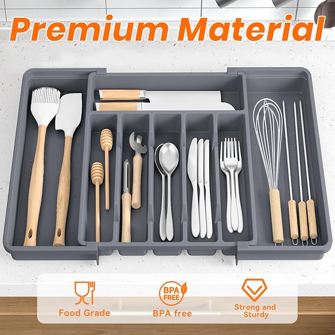 RoomHacks Large Silverware Organizer,Expandable Utensil Drawer Organizer,BPA Free Utensil Holder,Adjustable Silverware Tray Cutlery Drawer Organizer for Kitchen Flatware,Large,Grey (6-8 Slots)
