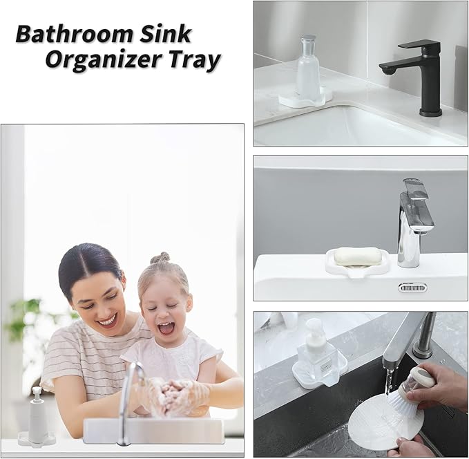 MicoYang Silicone Soap Dish with Drain Spout — Self-Draining Sink Organizer Tray for Bathroom & Kitchen, Holds Bar Soap, Sponges & Dispensers, Non-Slip & Dishwasher Safe, White (Small, 4.9"×3.2")